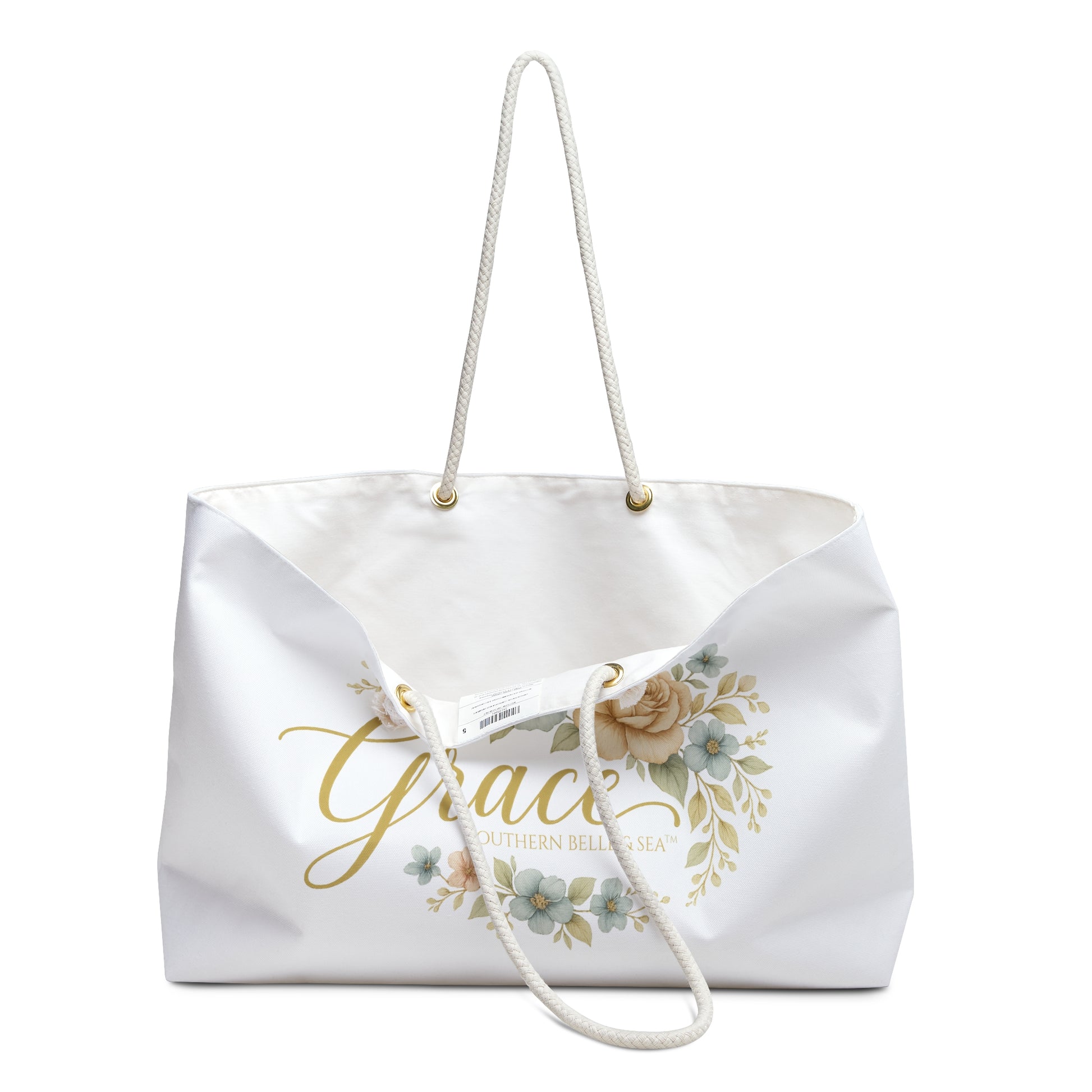 White tote bag with 'Grace' and floral designs on a white background