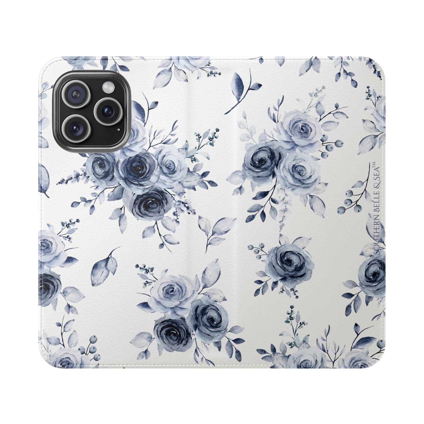 Phone case with blue floral pattern on a white background