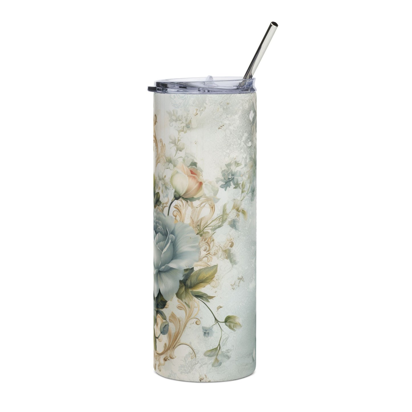 Tumbler with floral design and metal straw on a white background