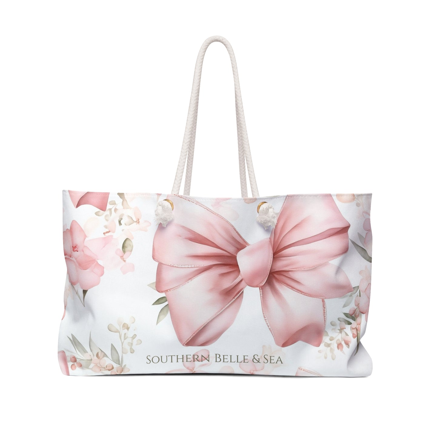 Tote bag with pink bow and floral design on a white background