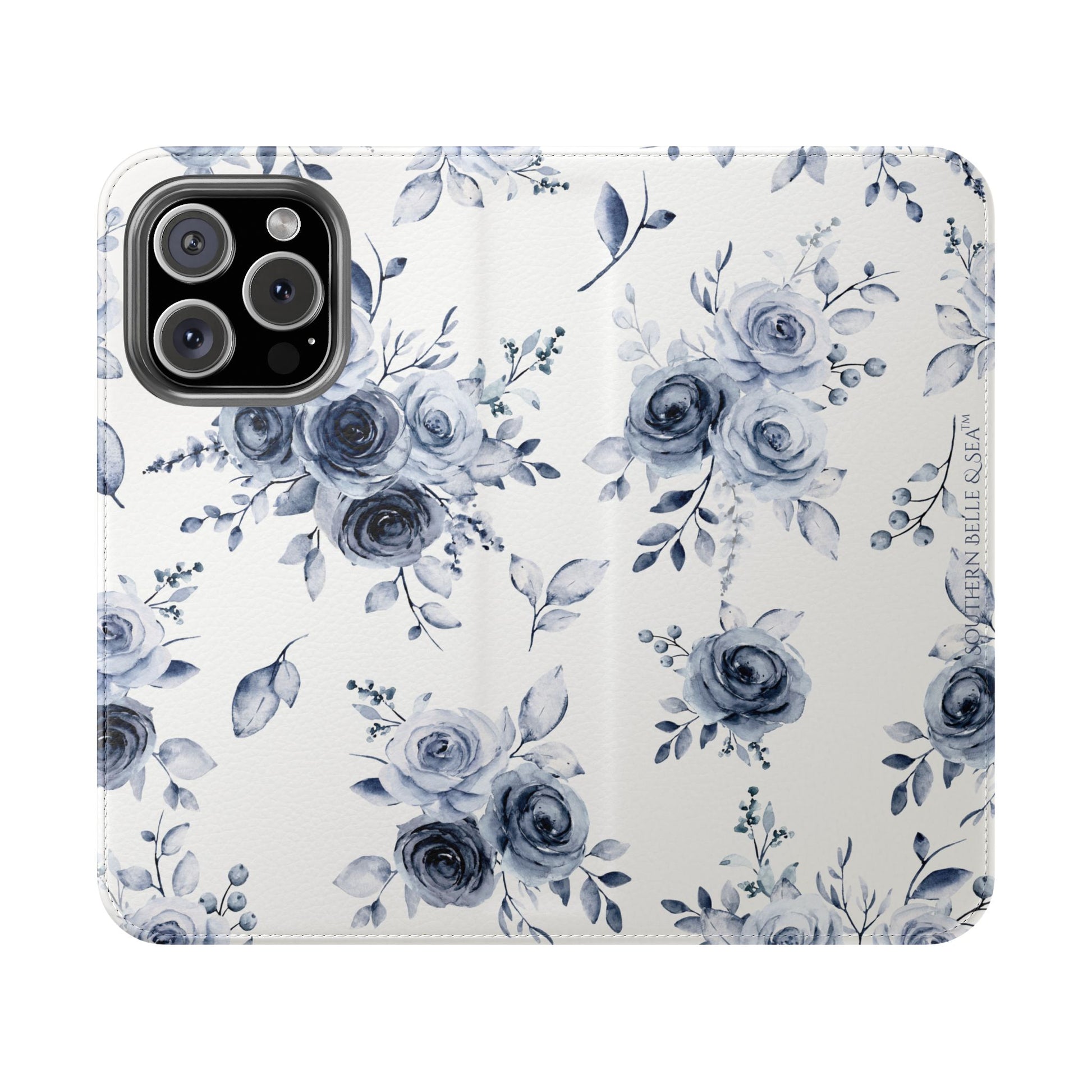 Phone case with blue floral pattern on a white background