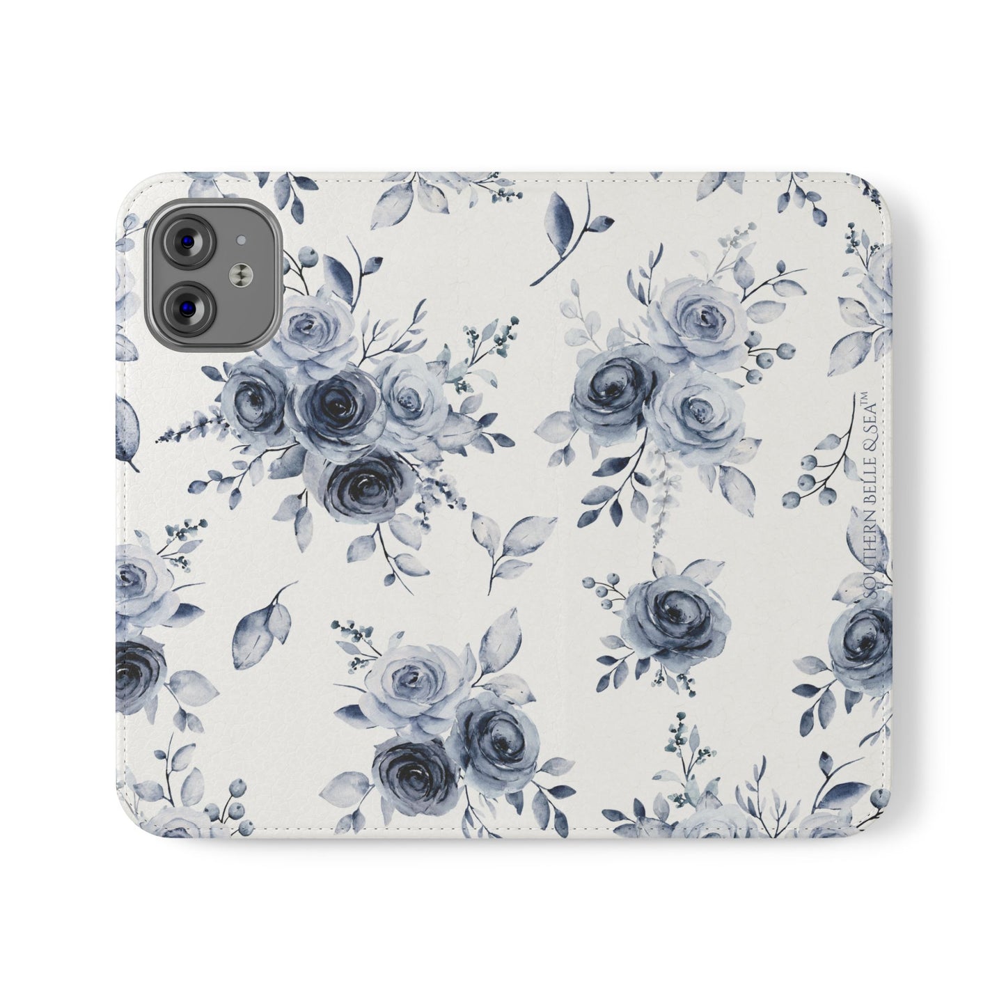Phone case with blue floral design on a white background