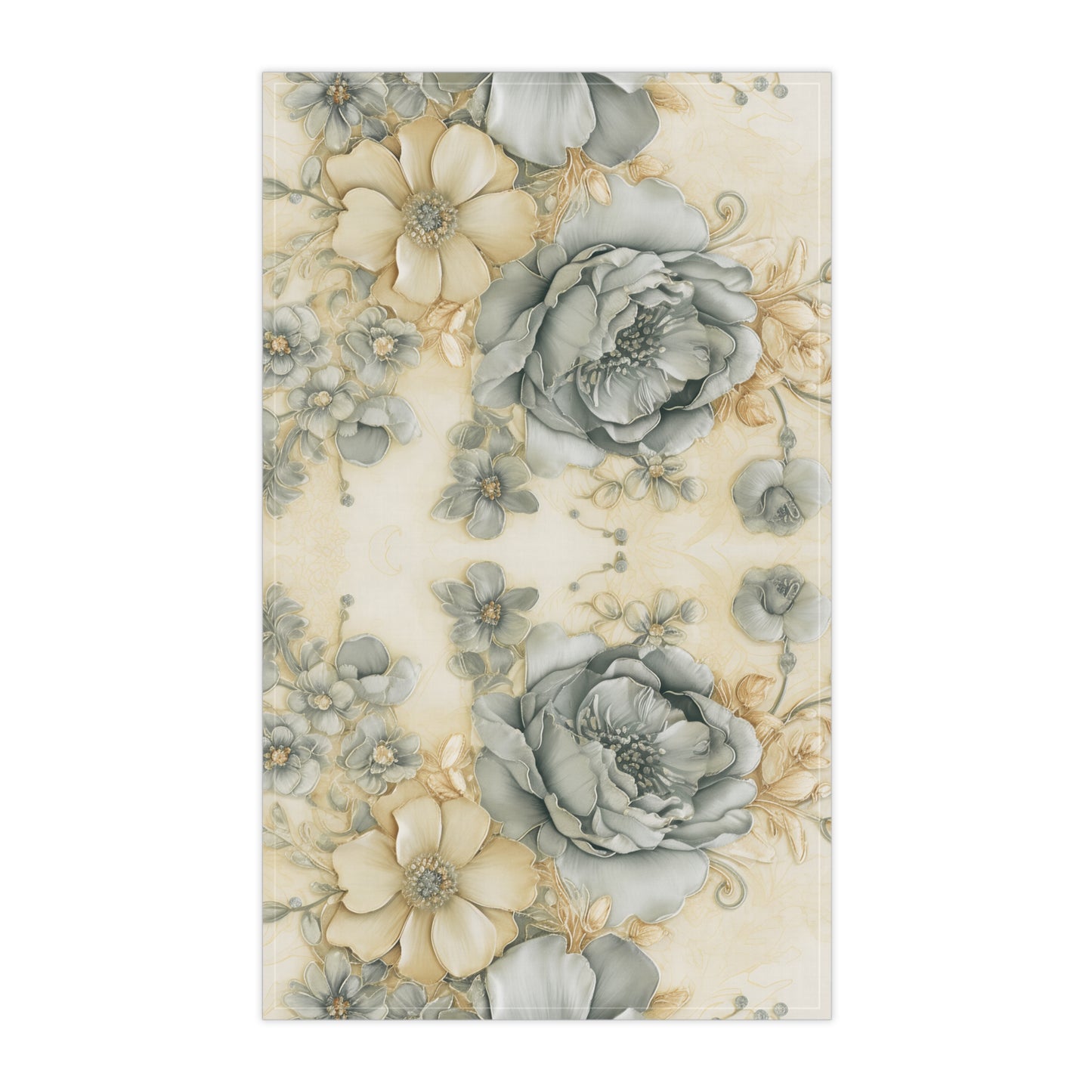 Floral patterned rug with beige and gray flowers on a white background