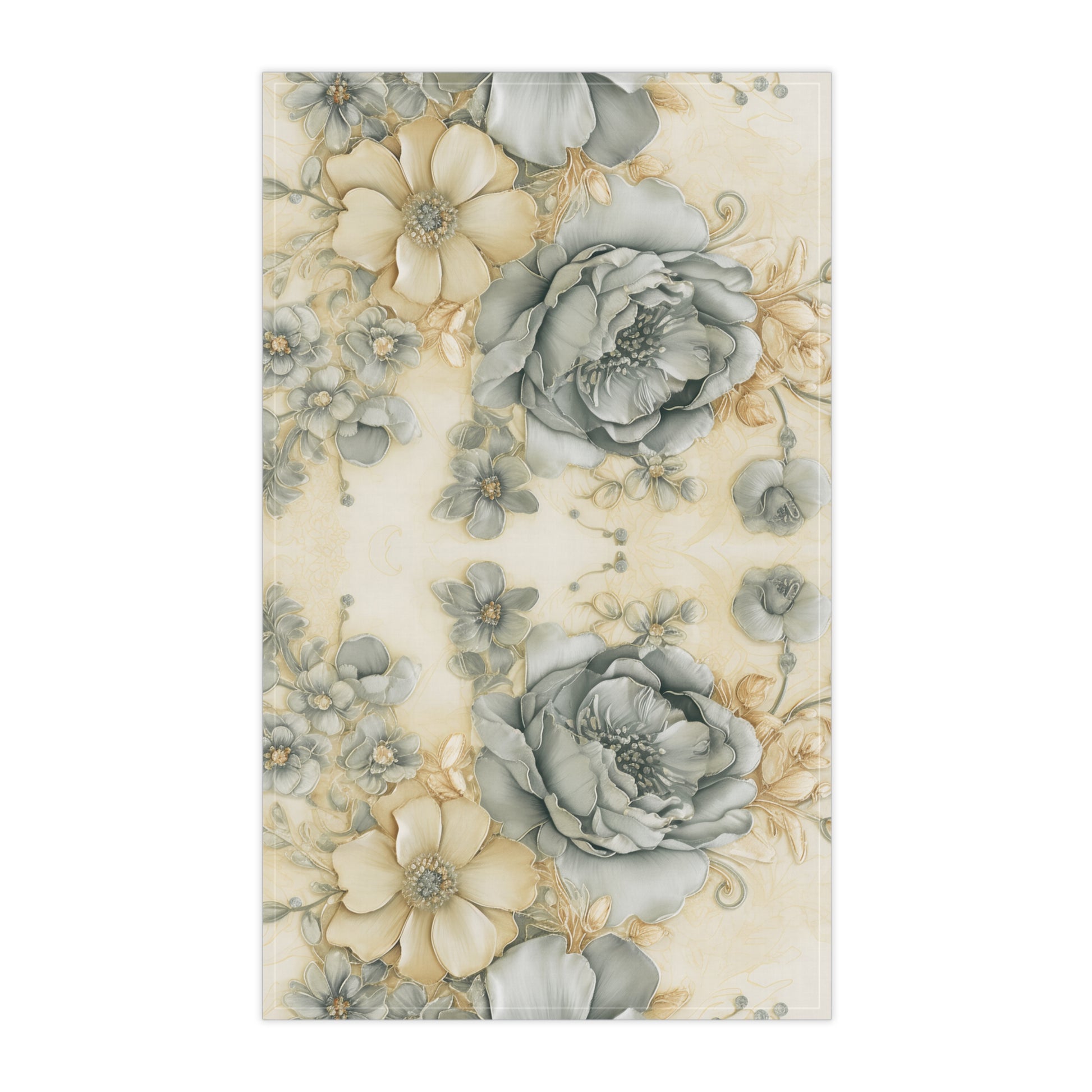 Floral patterned rug with beige and gray flowers on a white background