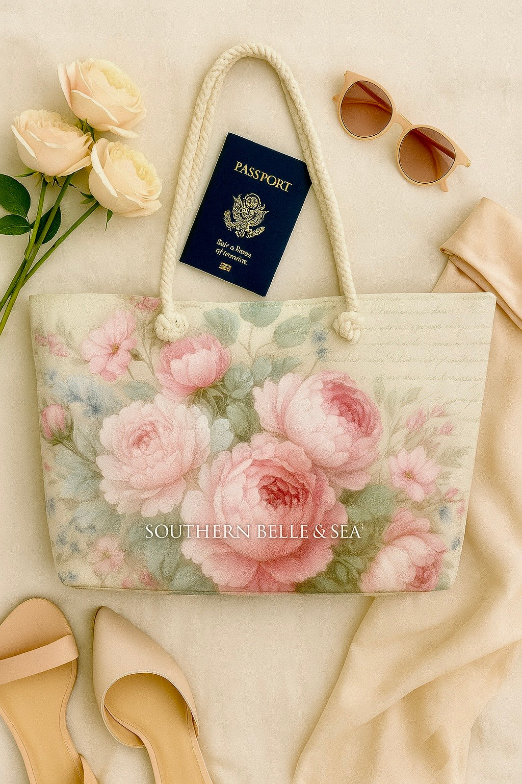 Flat lay of Pink Peonies Weekender Bag with roses, passport, sunglasses, and heels – Southern Belle & Sea™