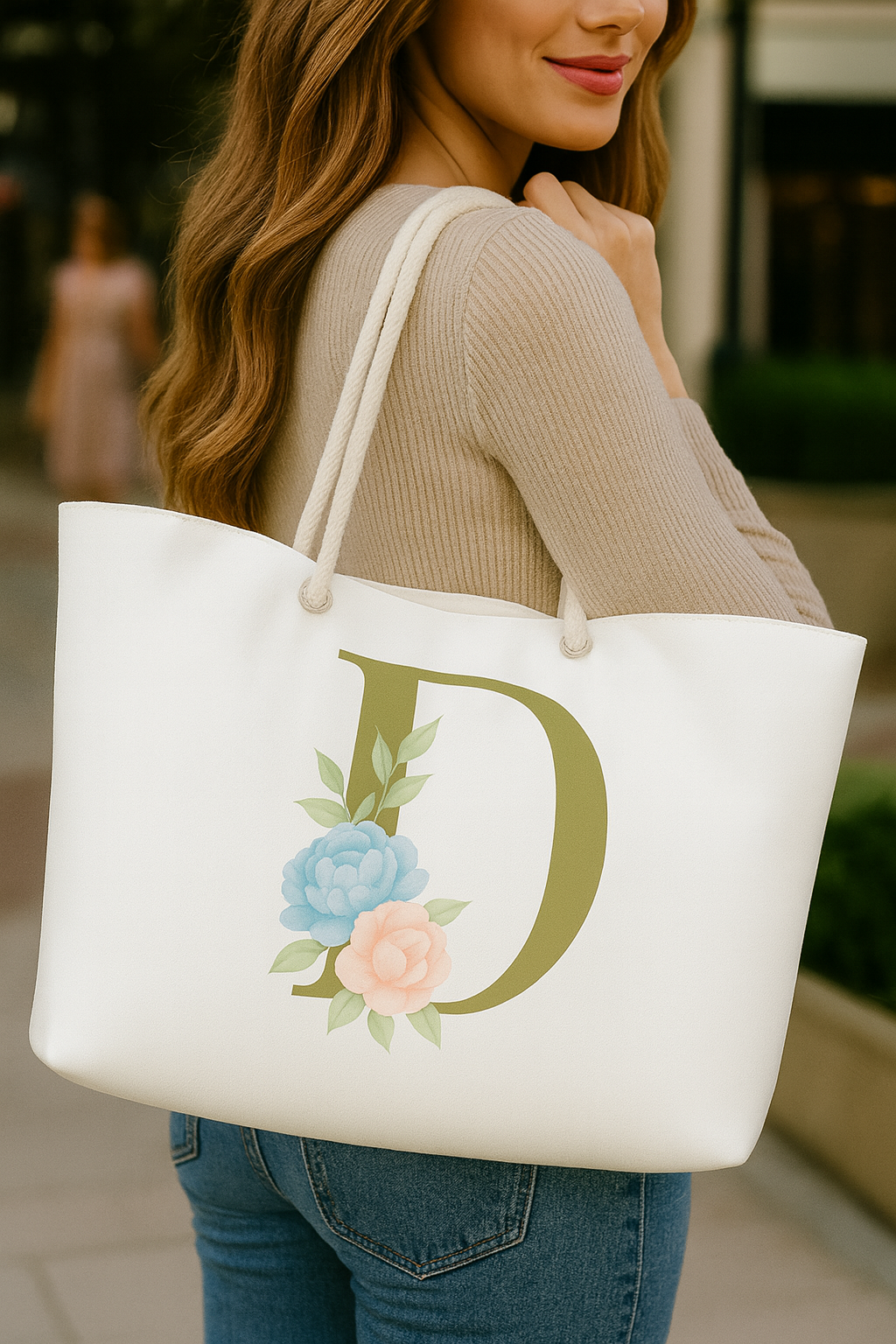 White tote bag with floral design and letter 'D' held by a person outdoors.