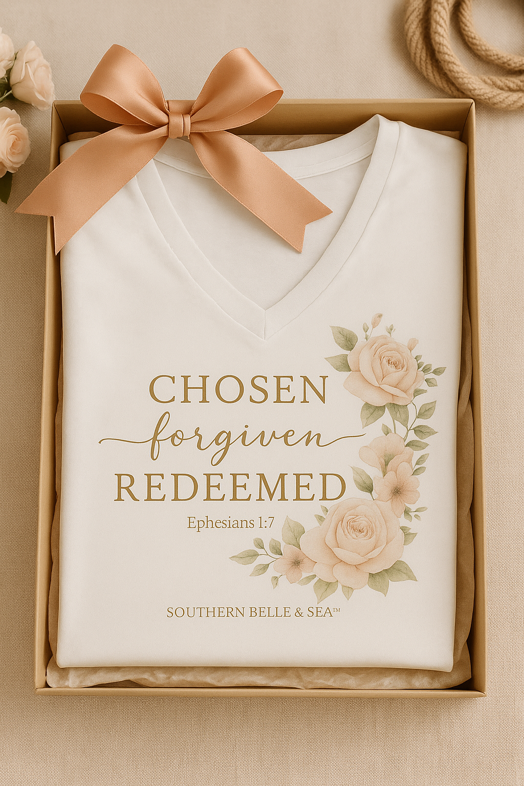 Close-up of floral scripture design on Women’s V-Neck, Southern Belle & Sea™