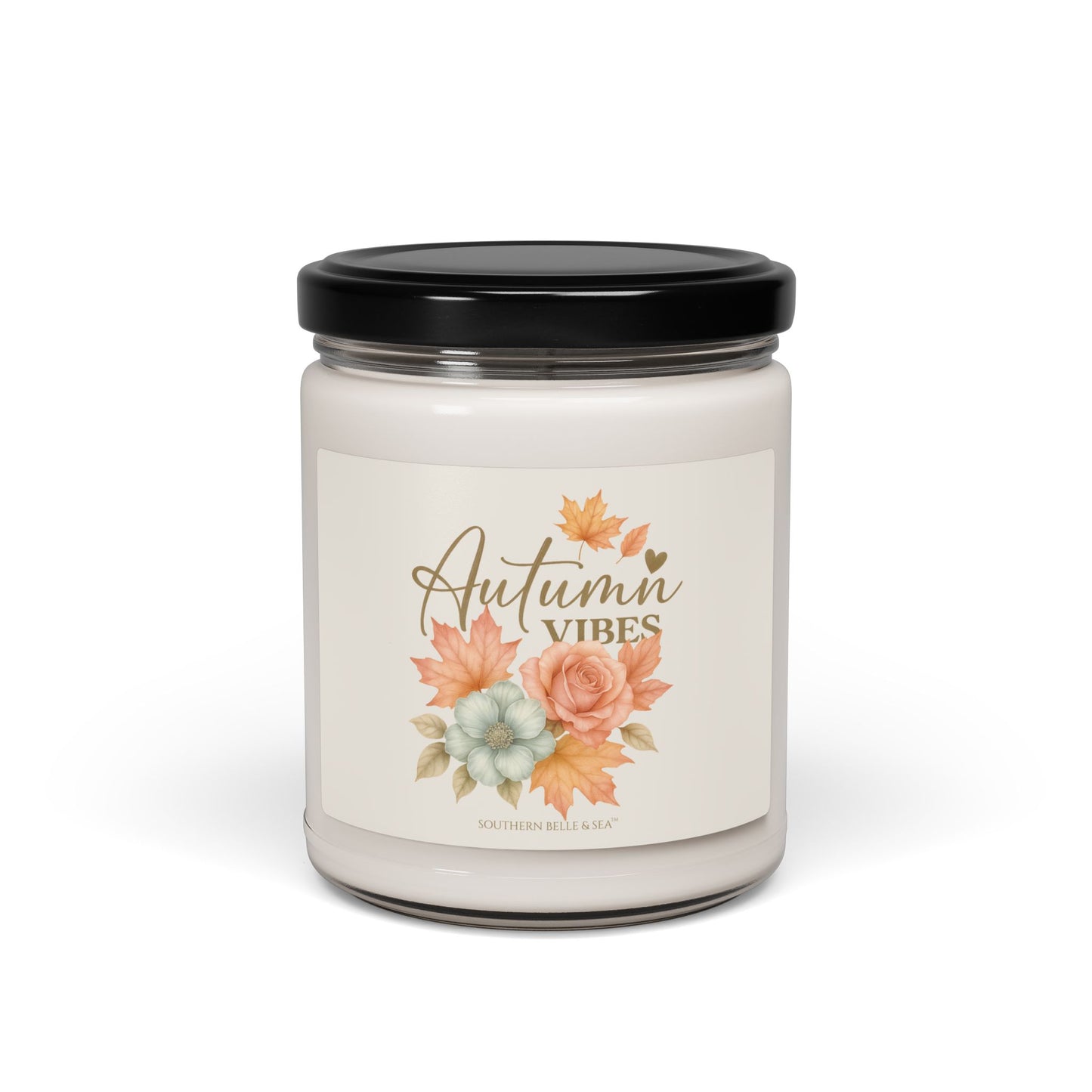 Candle jar with 'Autumn Vibes' label featuring autumn leaves and flowers on a white background