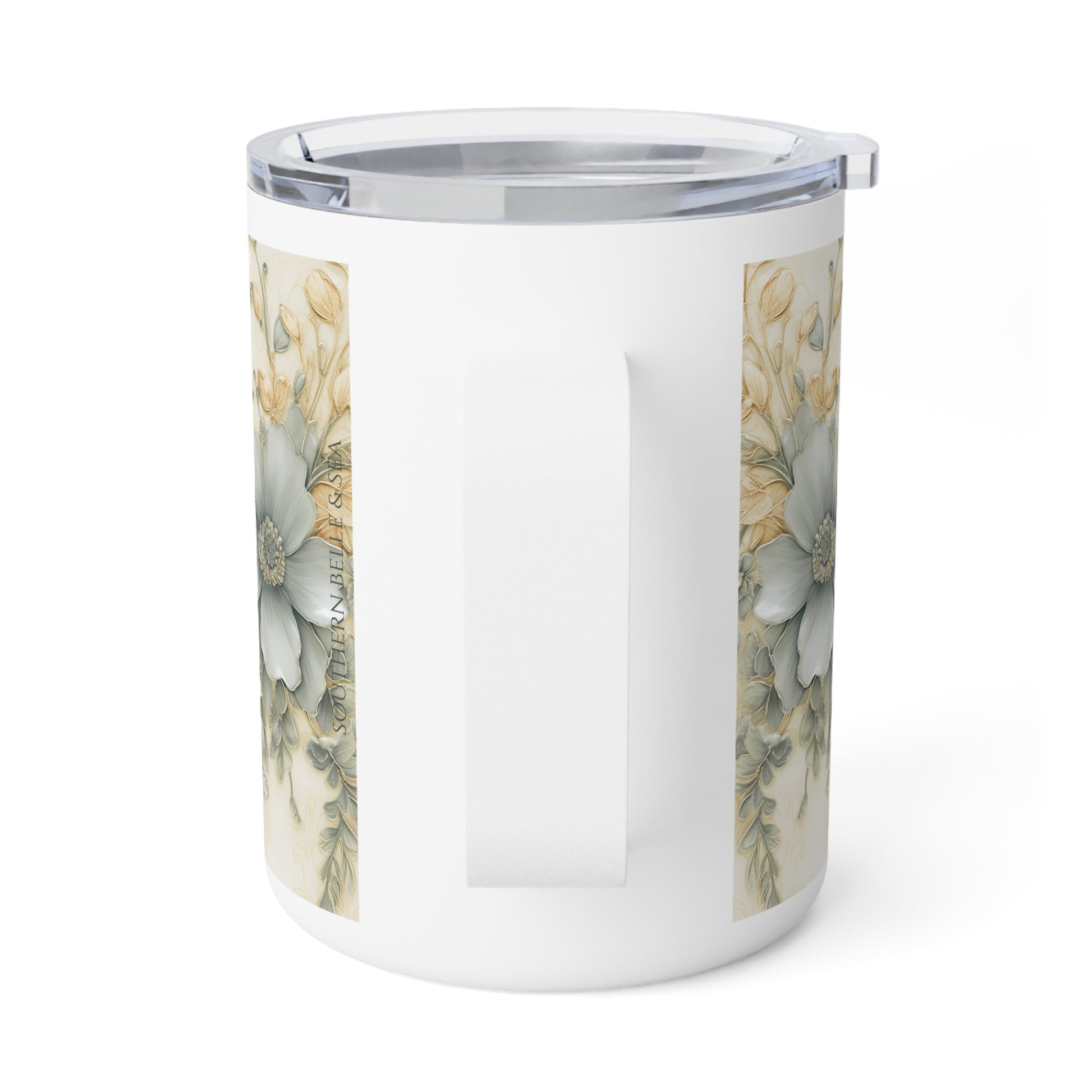 Tumbler with floral design on a white background