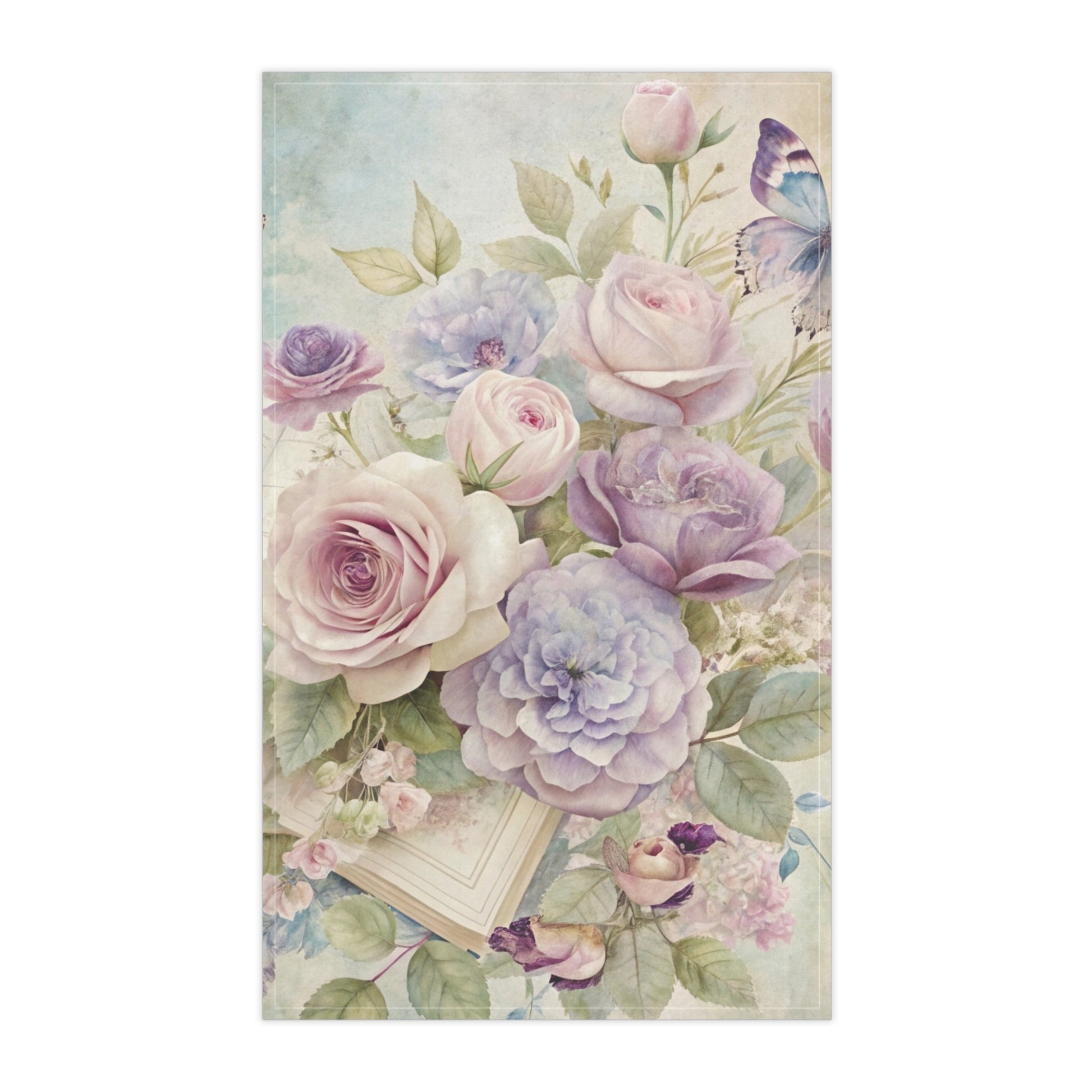 Floral design with pastel-colored flowers and a butterfly on a light background