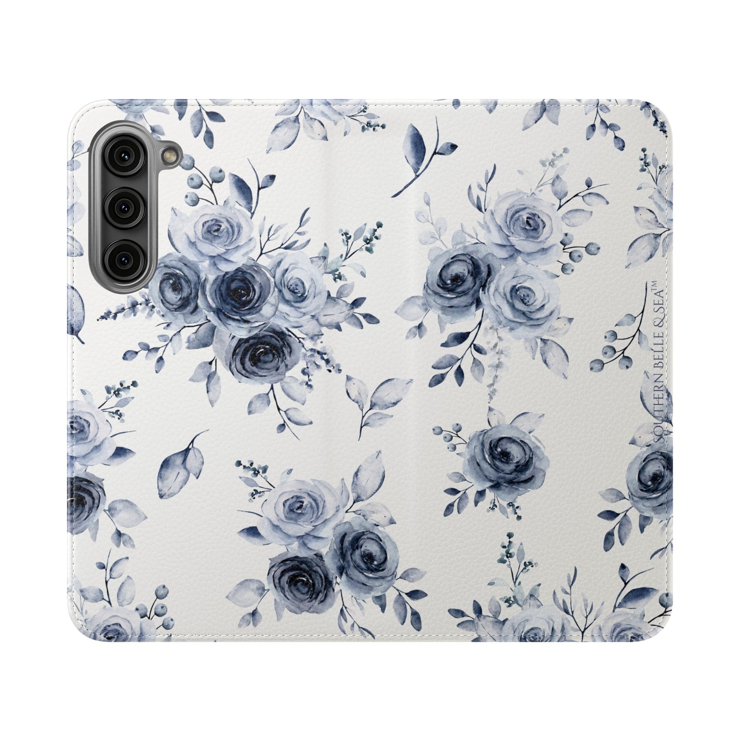 Phone case with blue floral pattern on a white background