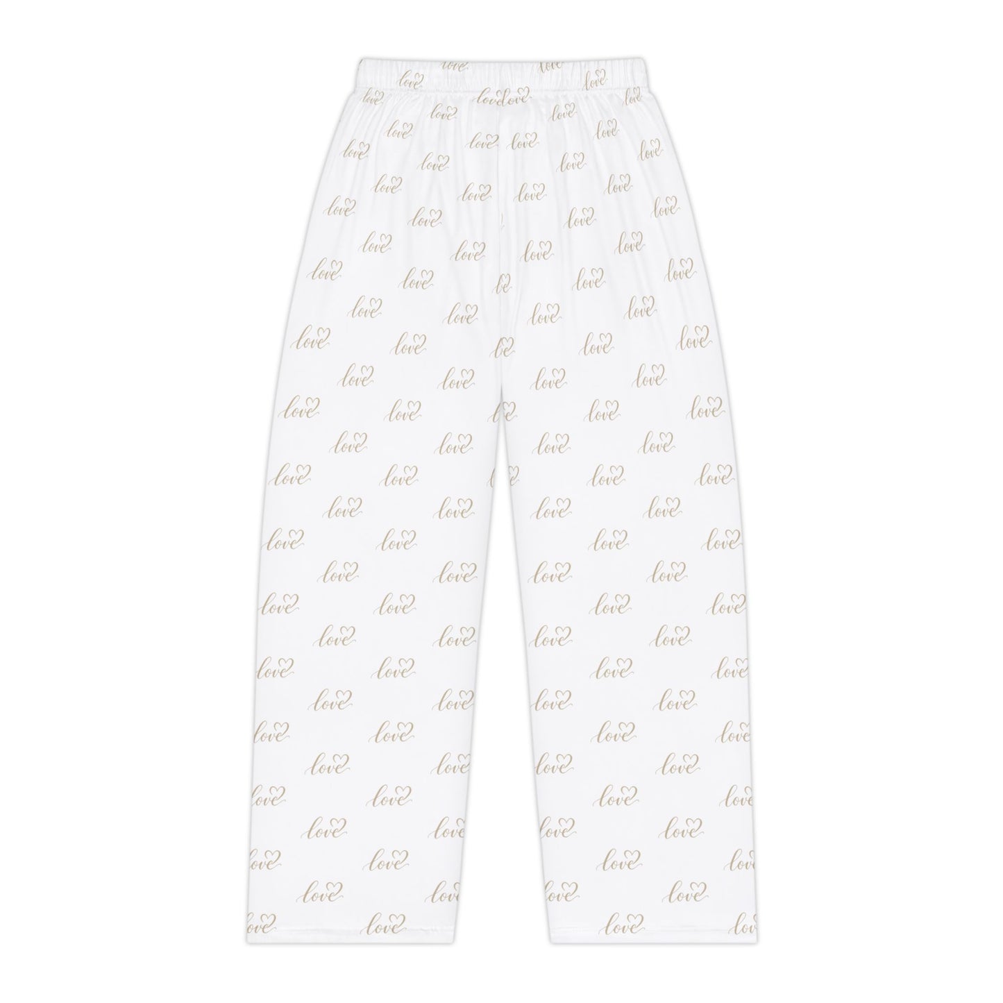 White pants with gold text pattern on a white background