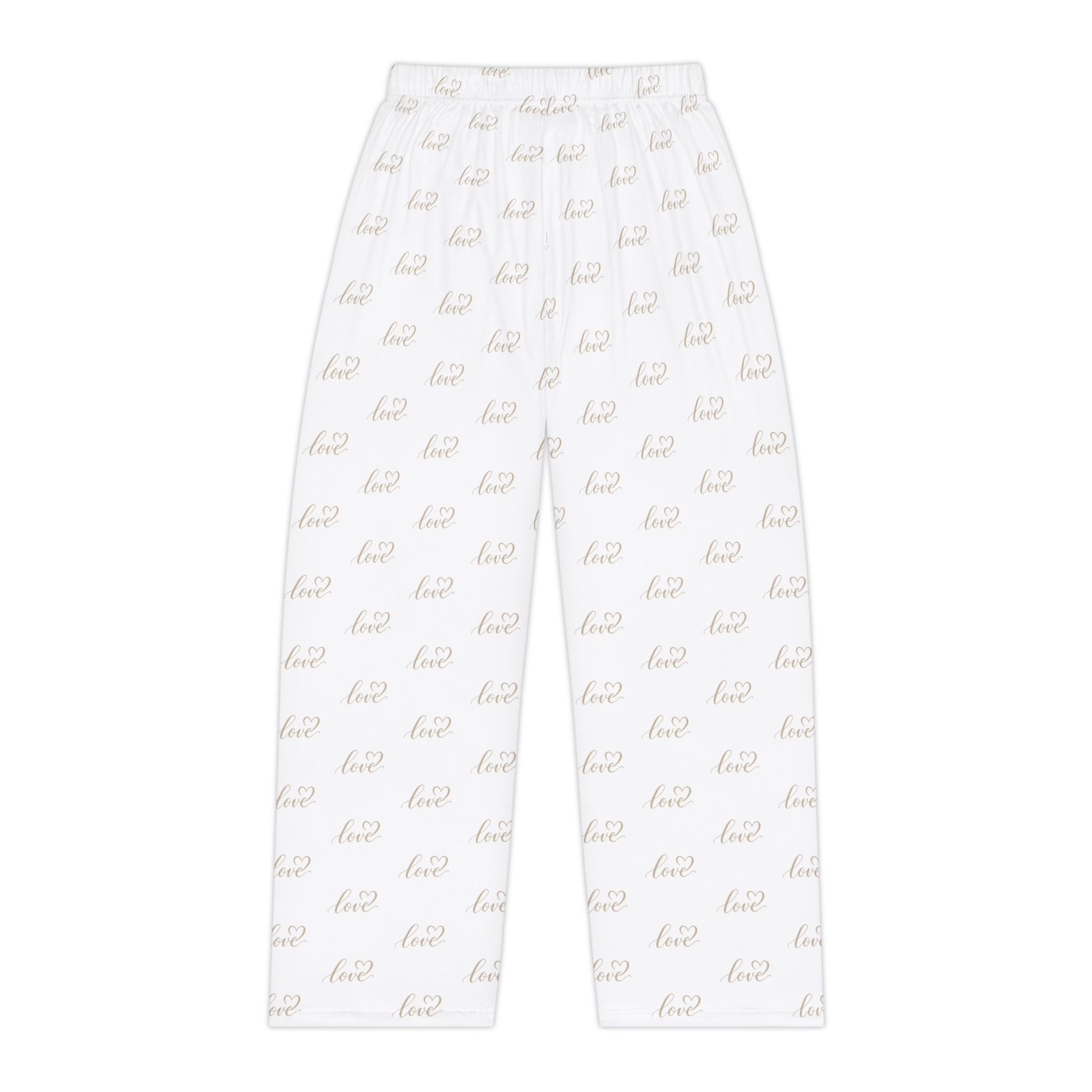 White pants with gold text pattern on a white background