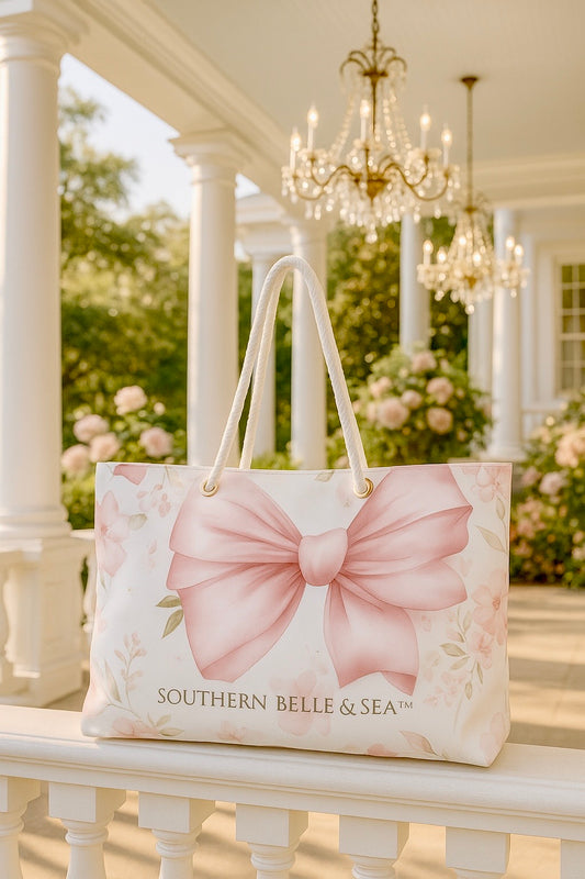 Tote bag with a pink bow design and 'Southern Belle & Sea' text on a white railing.