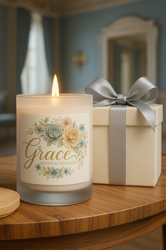 Grace candle from the Virtue Collection in frosted glass vessel with maple lid