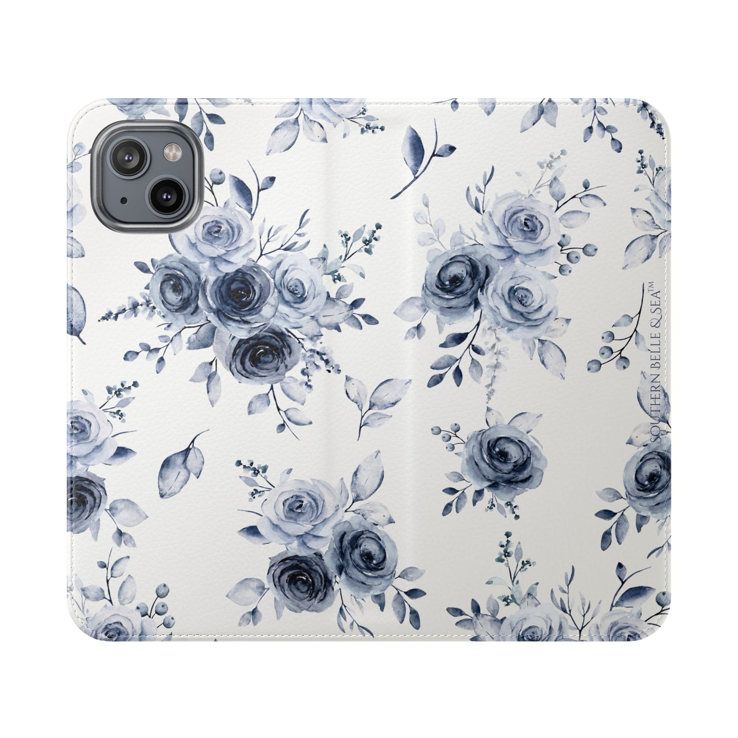 Phone case with blue floral pattern on a white background