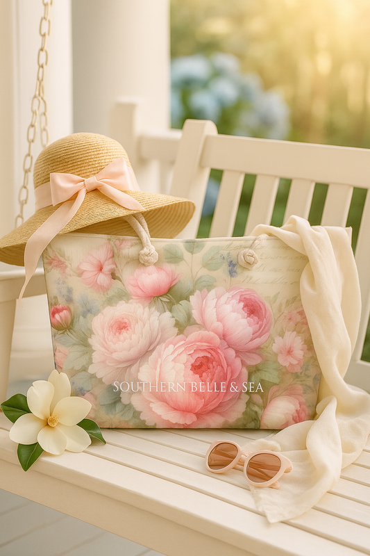 Pink Peonies Weekender Bag styled on a white porch swing with sunhat, magnolia, and sunglasses – Southern Belle & Sea™