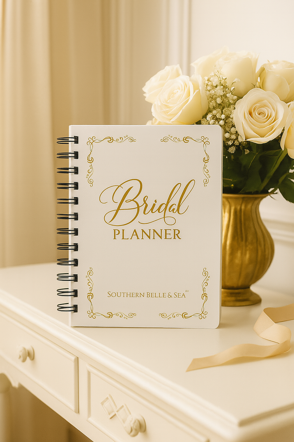Bridal planner book on a table with flowers in the background
