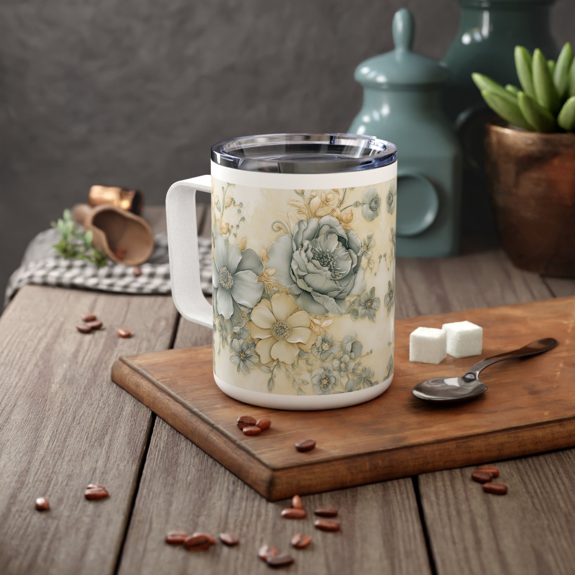 Styled scene: Floral Serenity insulated mug on table