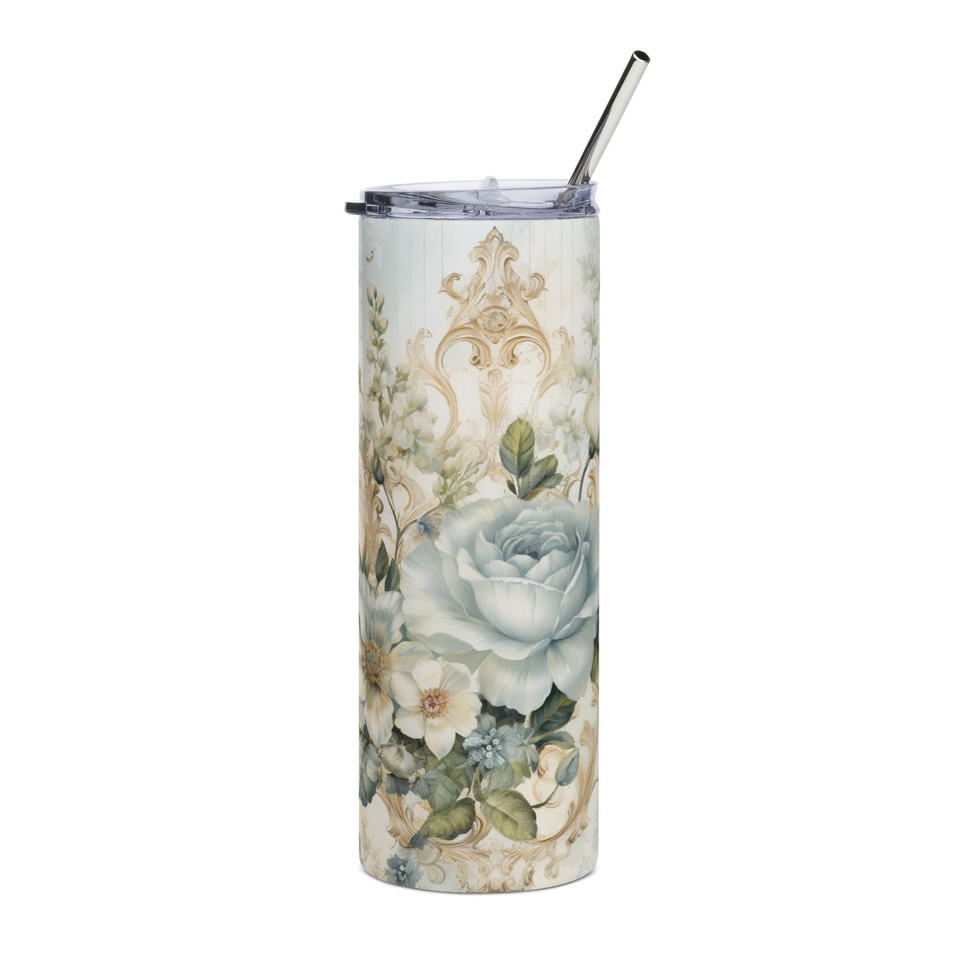 Tumbler with floral design and metal straw on a white background