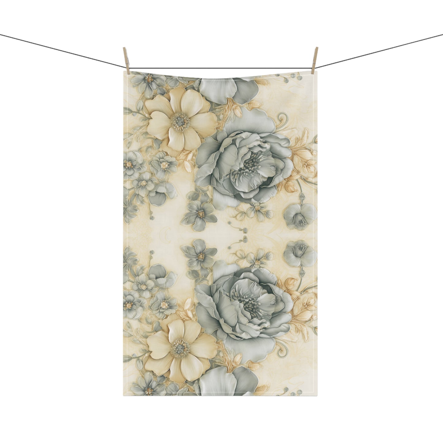 Floral patterned towel hanging on a line