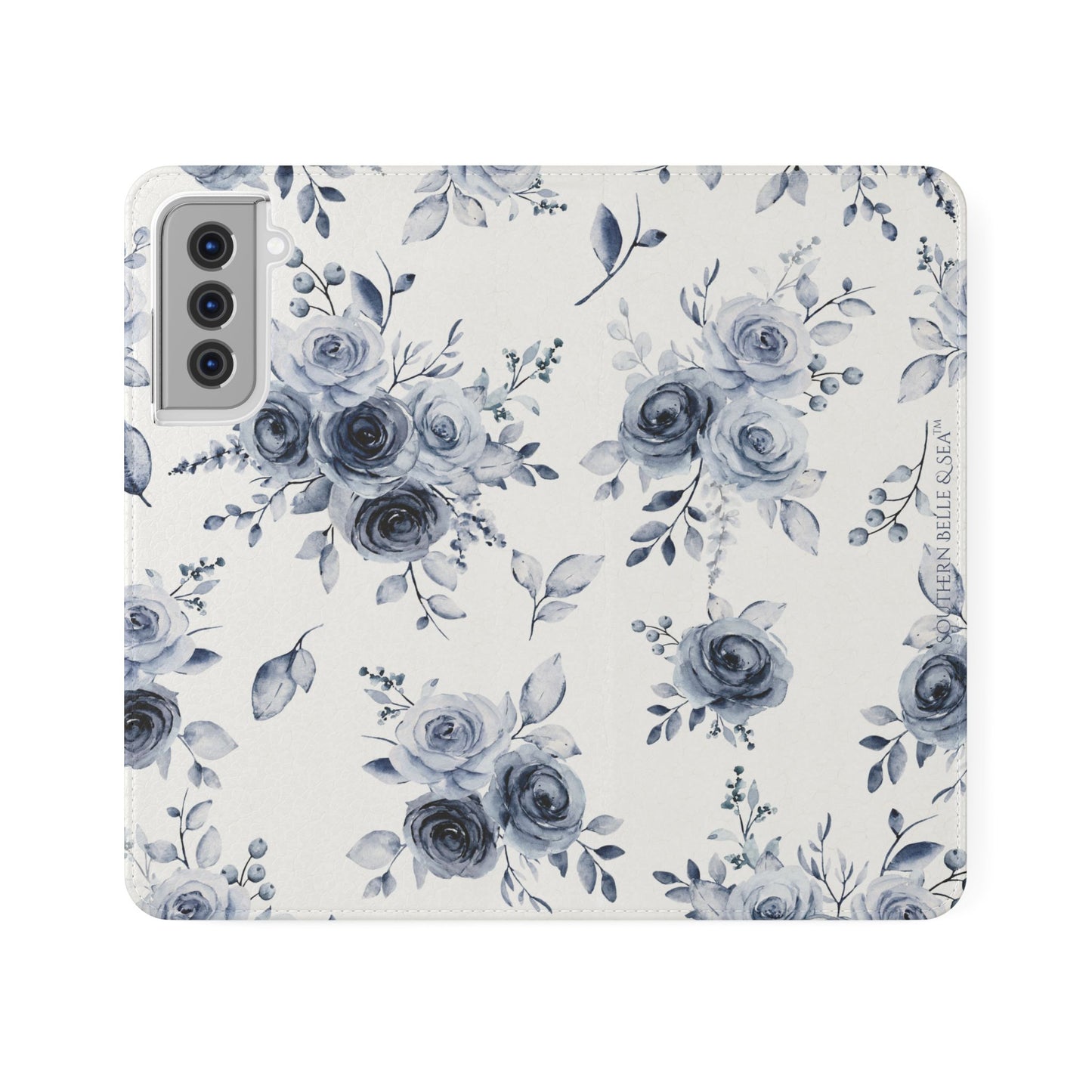 Floral patterned phone case with blue flowers on a white background