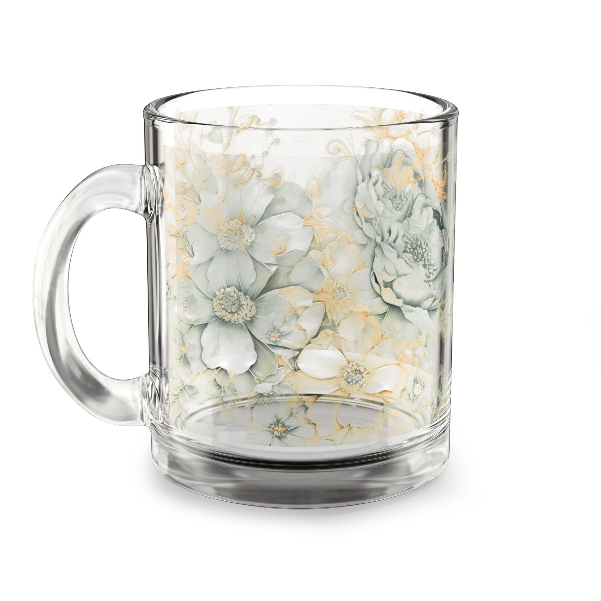 Clear glass mug with floral design on a white background