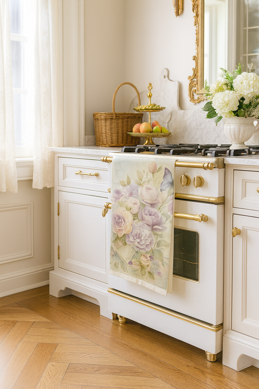 Lavender rose floral tea towel draped in a Southern-inspired kitchen