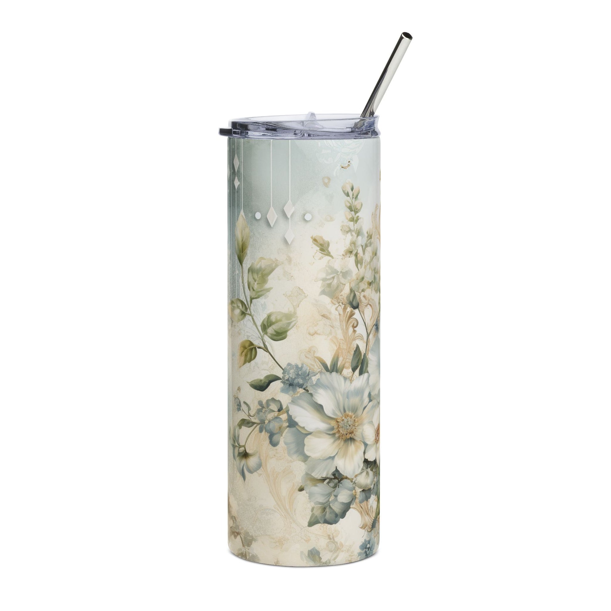 Tumbler with floral design and metal straw on a white background