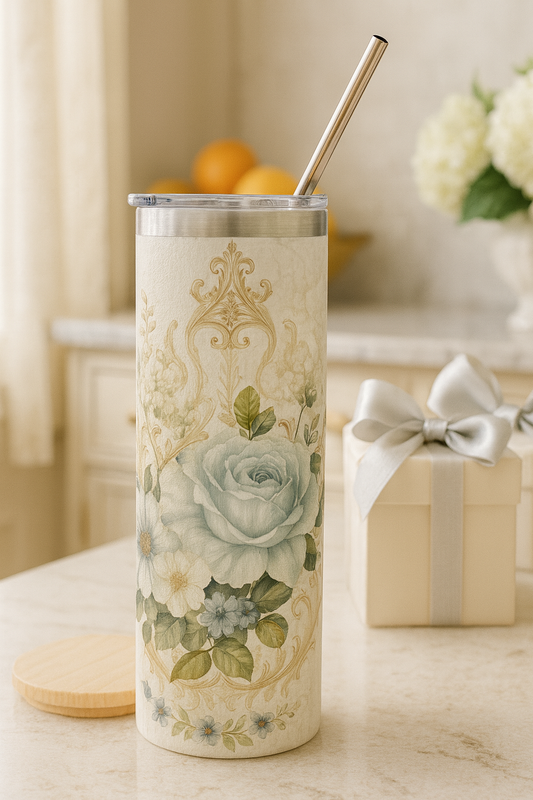 Tumbler with floral design on a kitchen counter