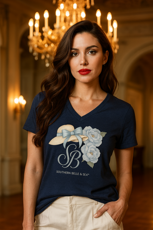 SB Blue Flower V-Neck Tee – Soft, Relaxed Fit | Southern Belle & Sea™