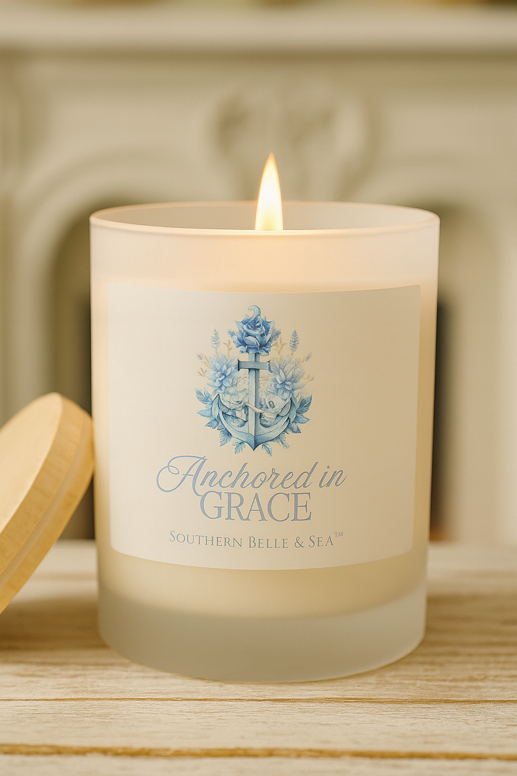 Anchored in Grace frosted glass candle with wooden wick by Southern Belle & Sea™