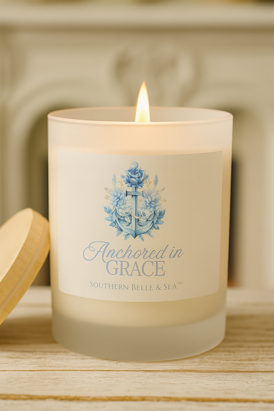 Anchored in Grace frosted glass candle with wooden wick by Southern Belle & Sea™