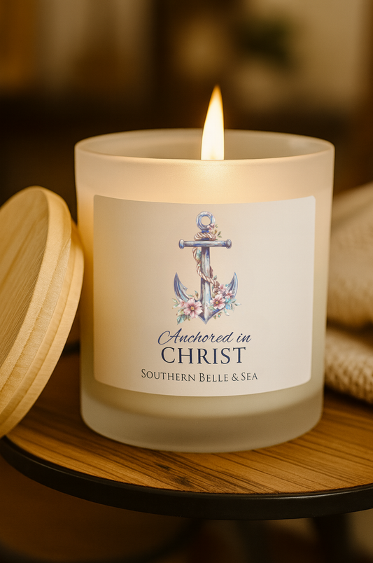 Anchored in Christ wooden wick soy candle with flame