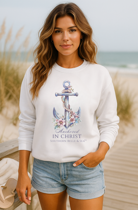 Anchored in Christ white crewneck sweatshirt with anchor and floral design
