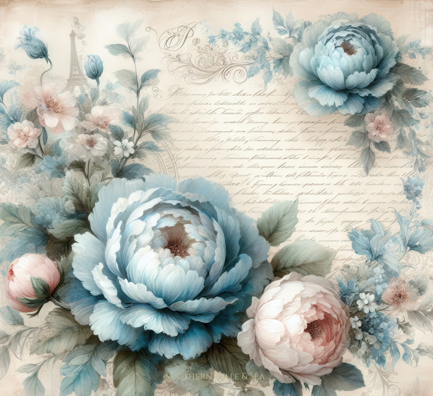 Close-up design of Paris Blue Peony with French script and Eiffel Tower