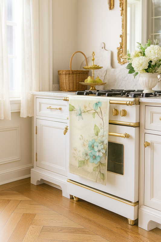 Elegant 18×30 tea towel featuring dogwood blossom floral design in soft blue and green tones, styled in a classic white and gold kitchen
