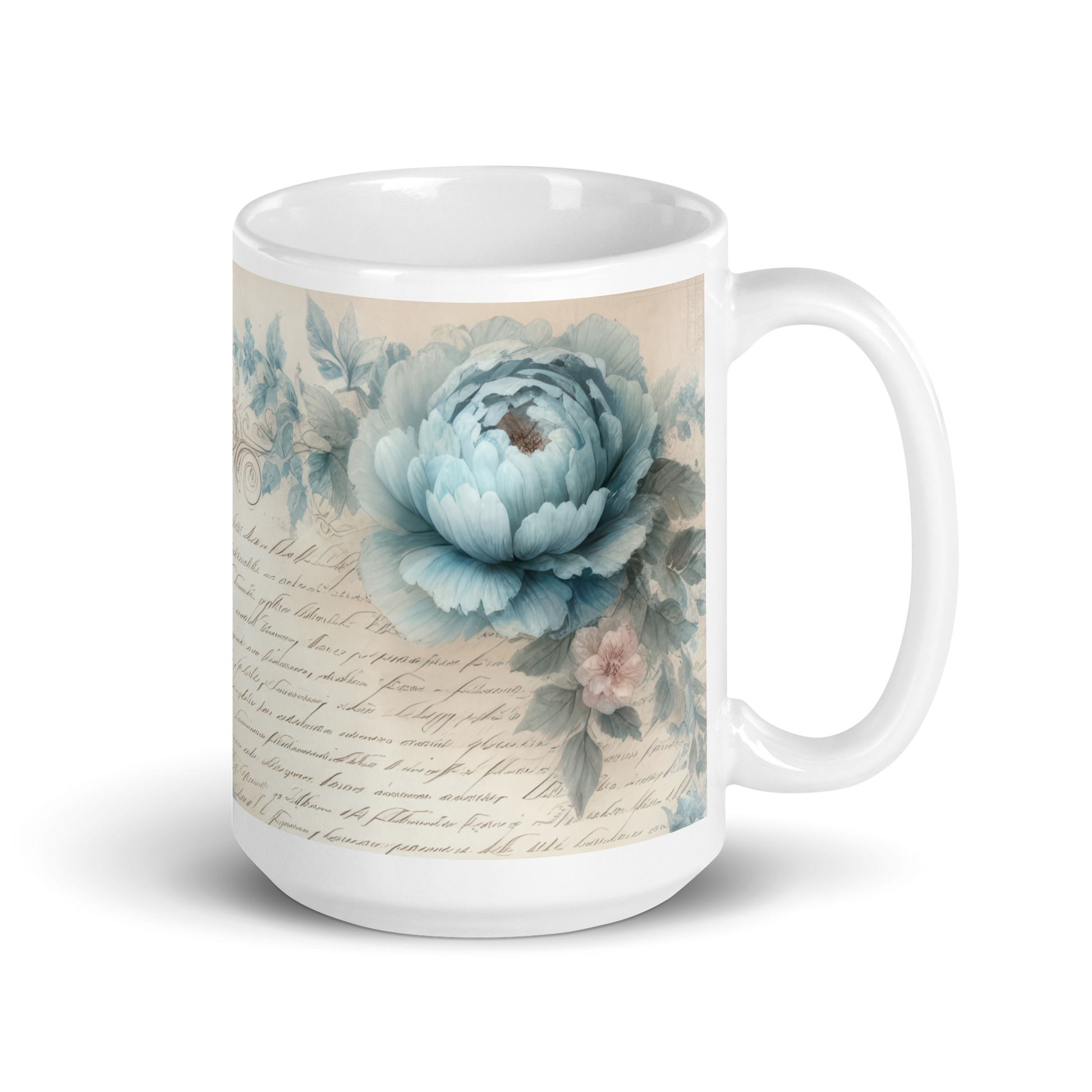 The Parisian 9 oz. Mug featuring large vintage blue peony with script background.