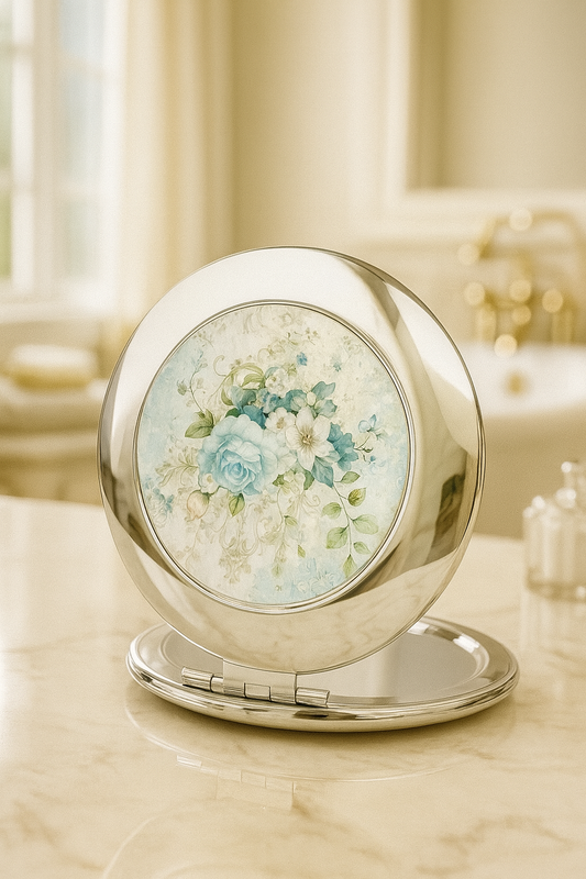 Round silver compact mirror with floral design on a marble surface