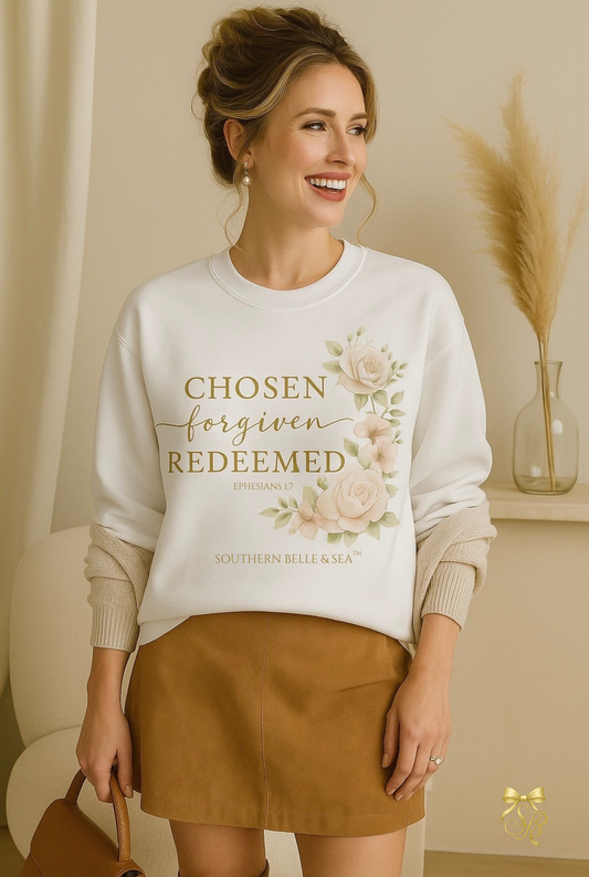 Chosen forgiven redeemed womans long sleeve sweatshirt Christian Ephesians 1
:7