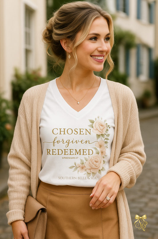 Woman wearing a white t-shirt with text and floral design, standing outdoors.
