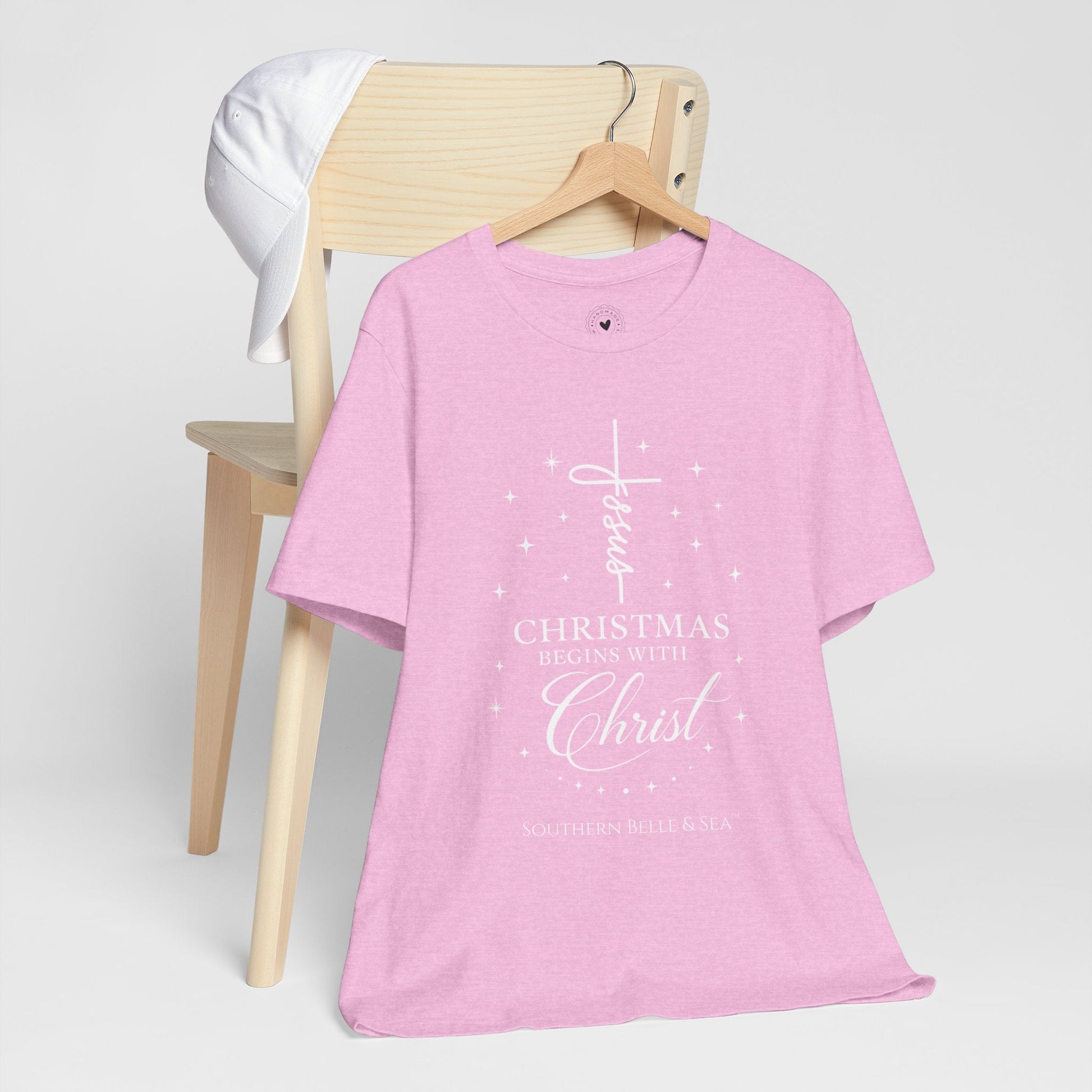 Pink Christian Christmas tee Christmas Begins With Christ front print