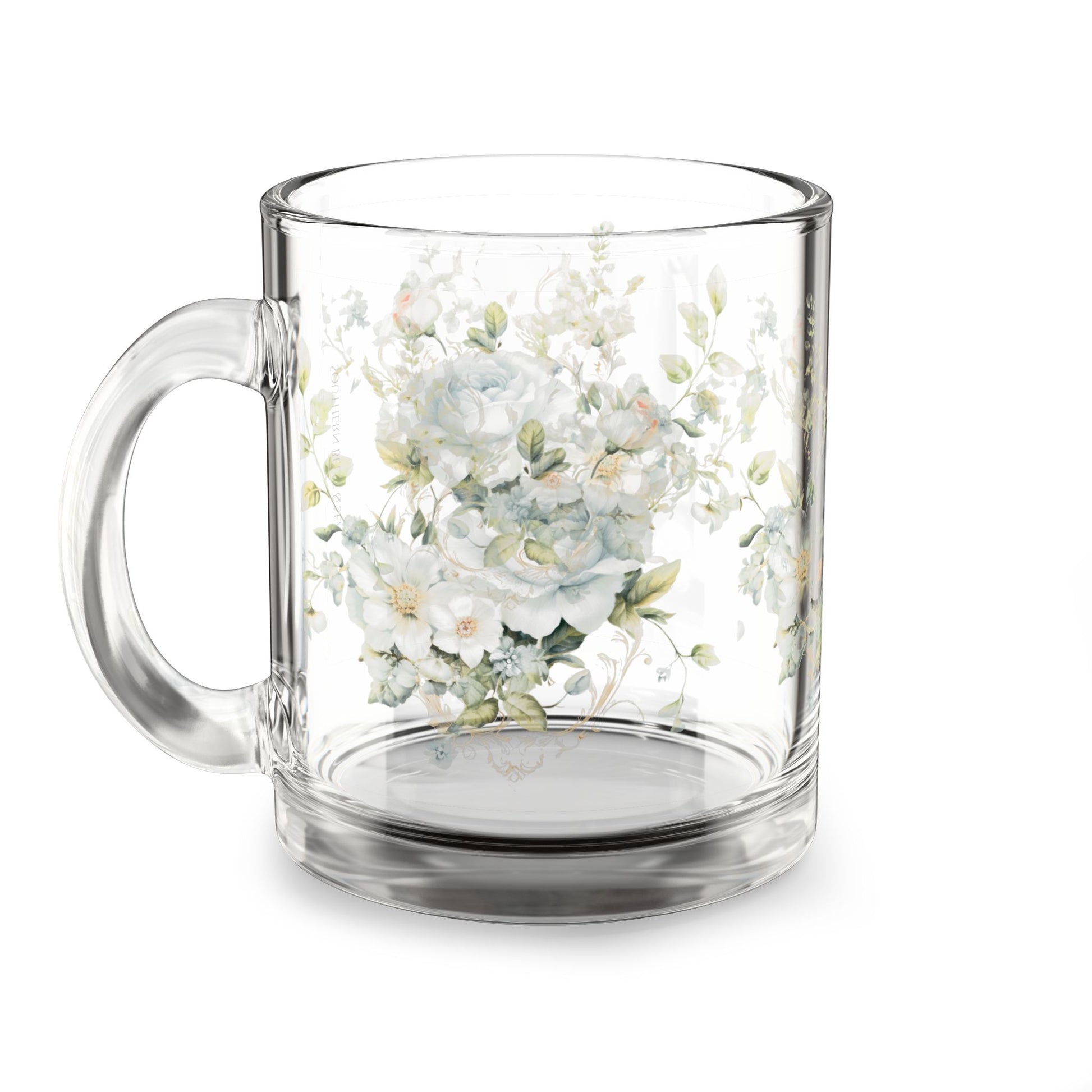 Clear glass mug with floral design on a white background