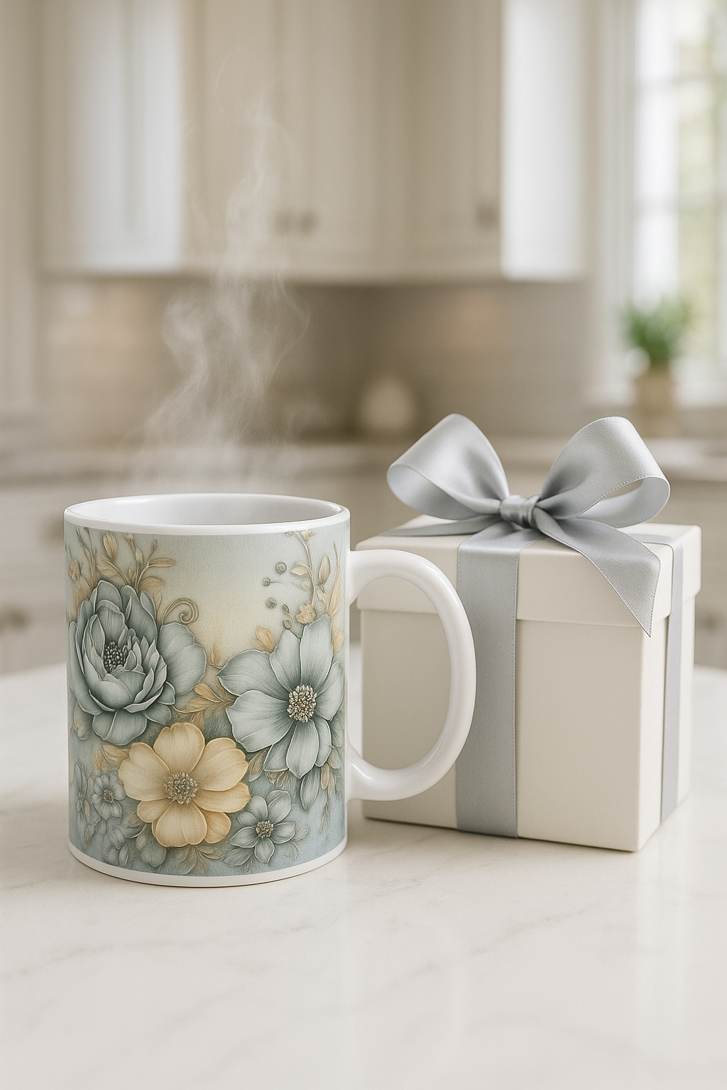 Blue Southern serenity Floral mug with a gift box tied with a ribbon on a kitchen counter.