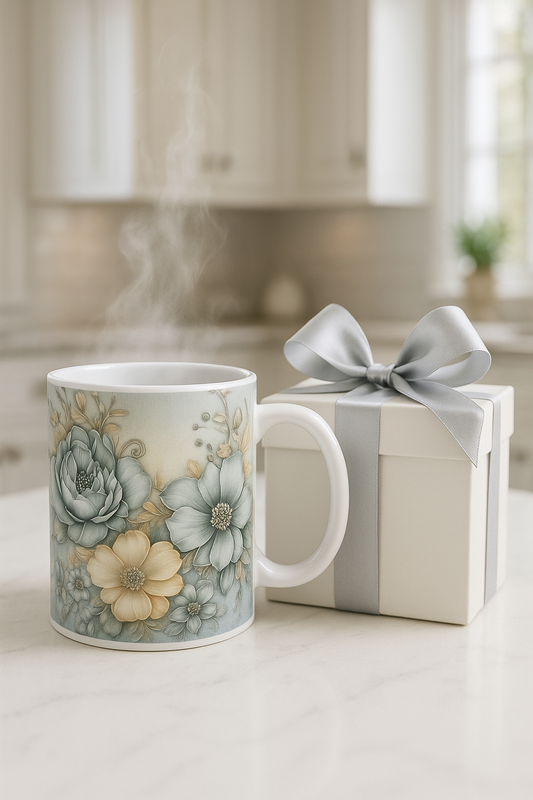 Blue Southern serenity Floral mug with a gift box tied with a ribbon on a kitchen counter.
