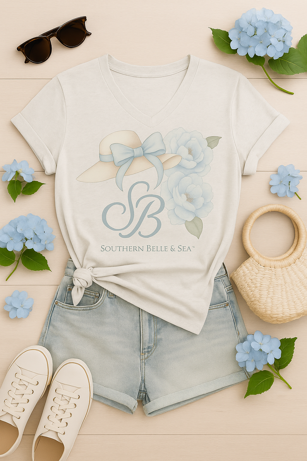 SB Blue Flower Tee — Blue Bow Monogram Series V-neck in silver — Southern Belle & Sea