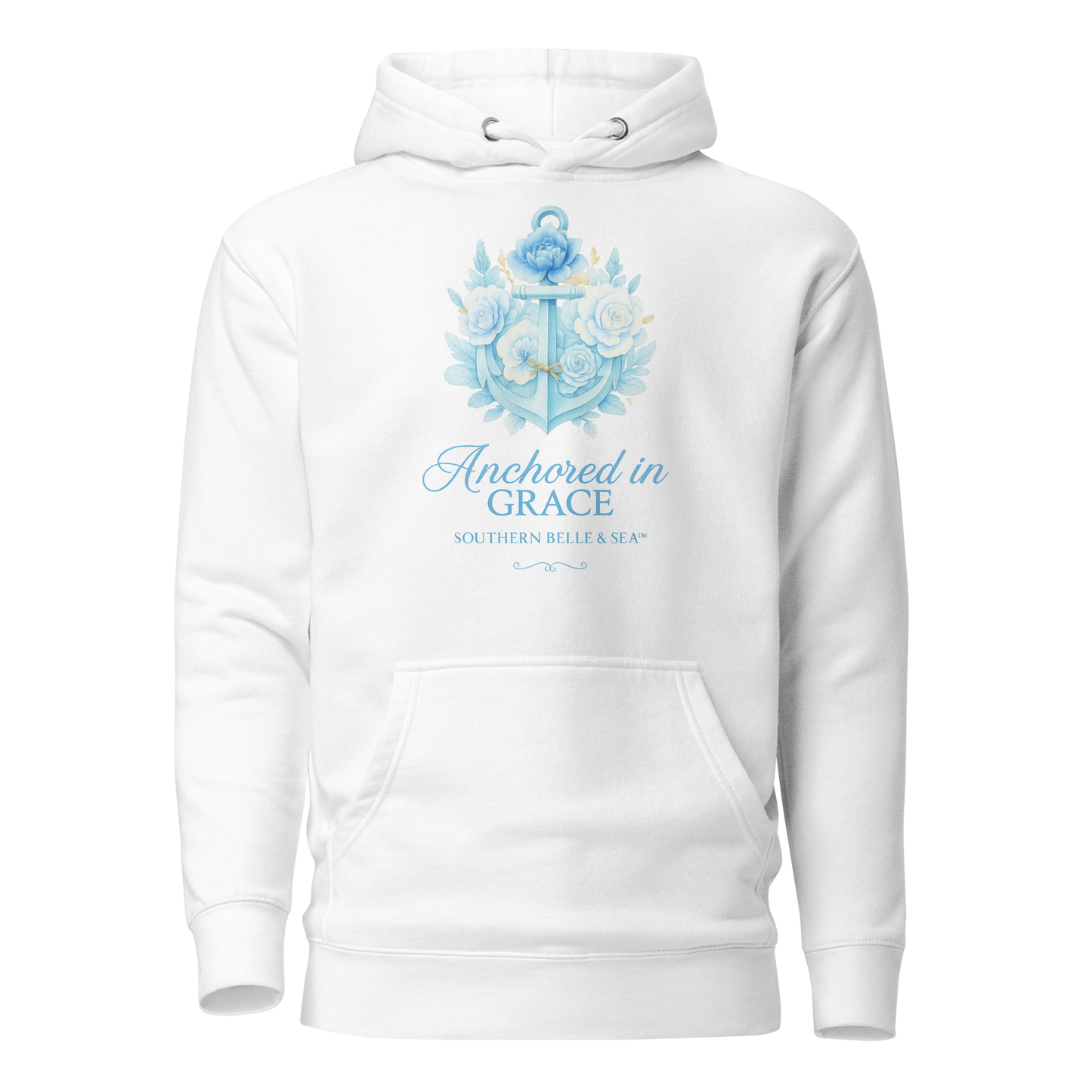 Anchored in Grace Unisex Hoodie | Southern Belle & Sea™ — white hoodie front view with blue anchor and floral design, Christian faith apparel.