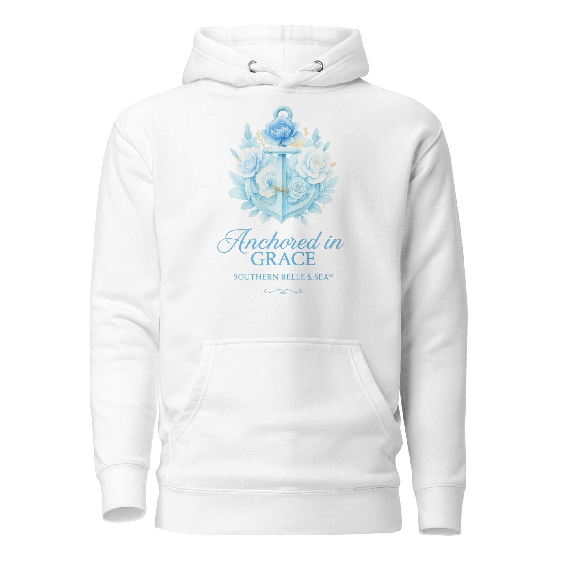 Anchored in Grace Unisex Hoodie | Southern Belle & Sea™ — white hoodie front view with blue anchor and floral design, Christian faith apparel.