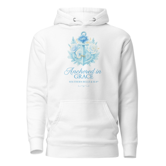 Anchored in Grace Unisex Hoodie | Southern Belle & Sea™ — white hoodie front view with blue anchor and floral design, Christian faith apparel.