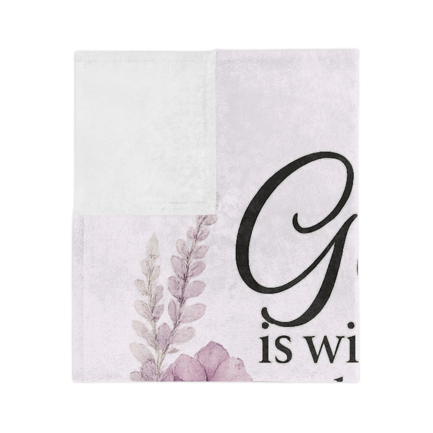 Folded fabric with floral design and text on a white background